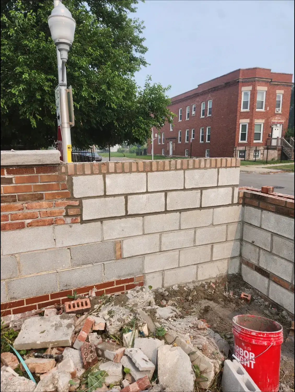New concrete block core built up where the old wall was removed